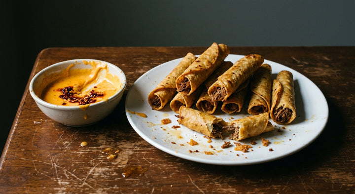 Crispy Beef Taquitos with Mexican Chilli Crunch Cheese Dip