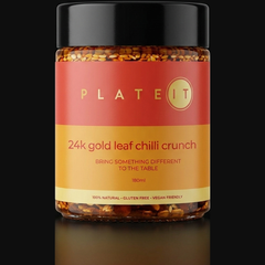 Plateit 24k Gold Leaf Chilli Crunch jar on a black background