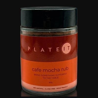 Plateit Cafe Mocha Rub jar on a black background
