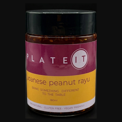 Plateit Japanese Peanut Rayu jar on a black background
