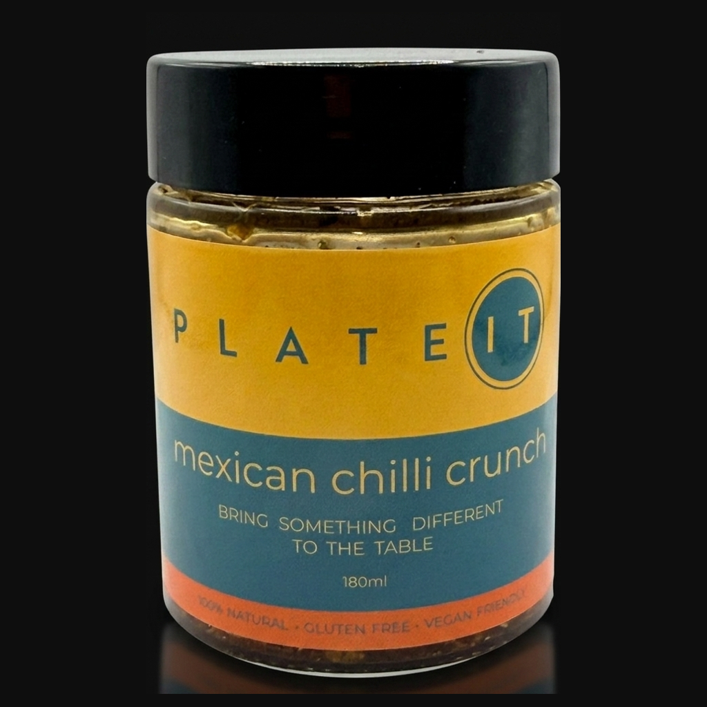 Plateit Mexican Chilli Crunch jar on a black background