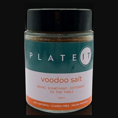 Plateit Voodoo Salt jar on a black background