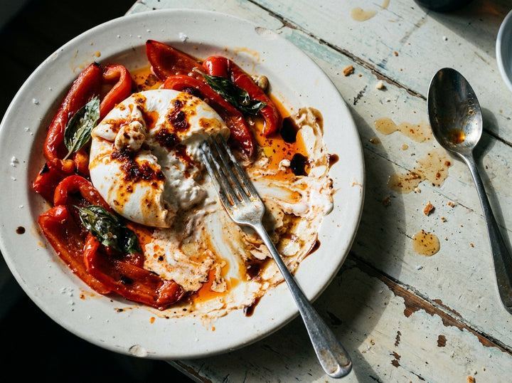 Burrata with Roast Peppers and Italian Chilli Oil, made with Plateit Italian Chilli Oil