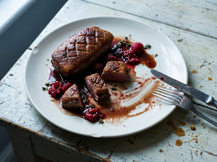 Duck Breast with Raspberry Pan Sauce, made with Plateit Raspberry Vinaigrette