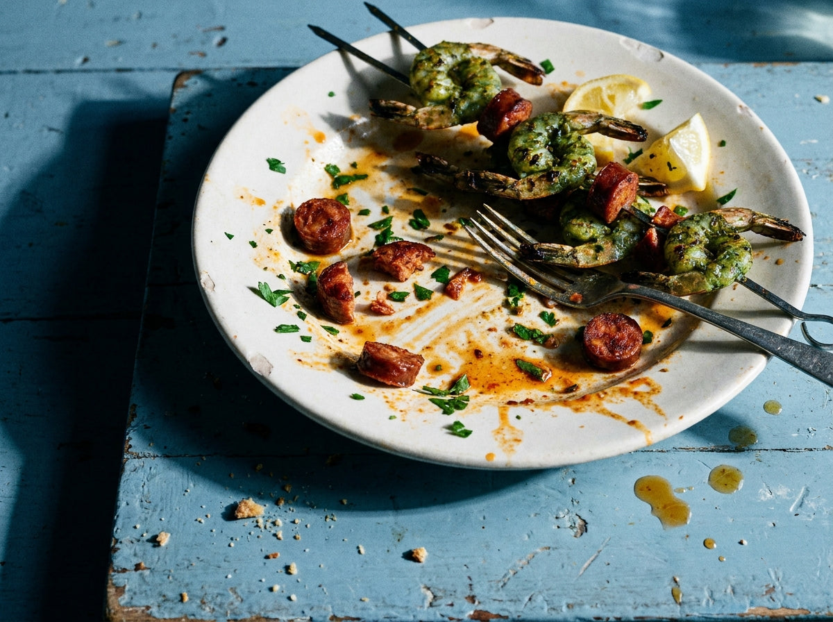 Angel Dust Prawn and Chorizo Skewers, made with Plateit Angel Dust BBQ Rub