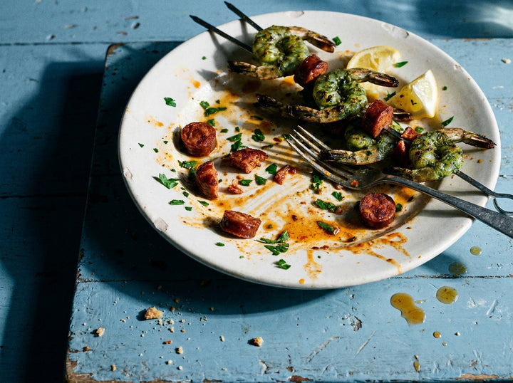 Angel Dust Prawn and Chorizo Skewers, made with Plateit Angel Dust BBQ Rub