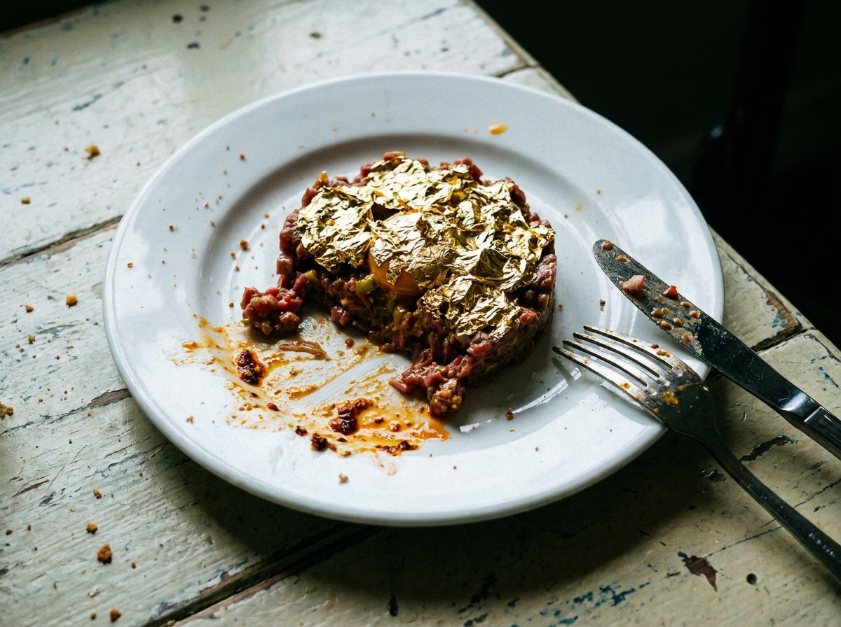Gold Leaf Steak Tartare, made with Plateit Gold Leaf Chilli Crunch