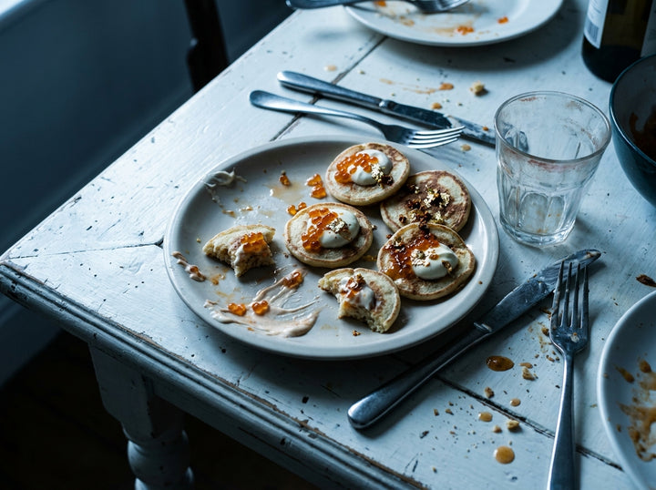 Gold Leaf Blini for New Year, made with Plateit Gold Leaf Chilli Crunch