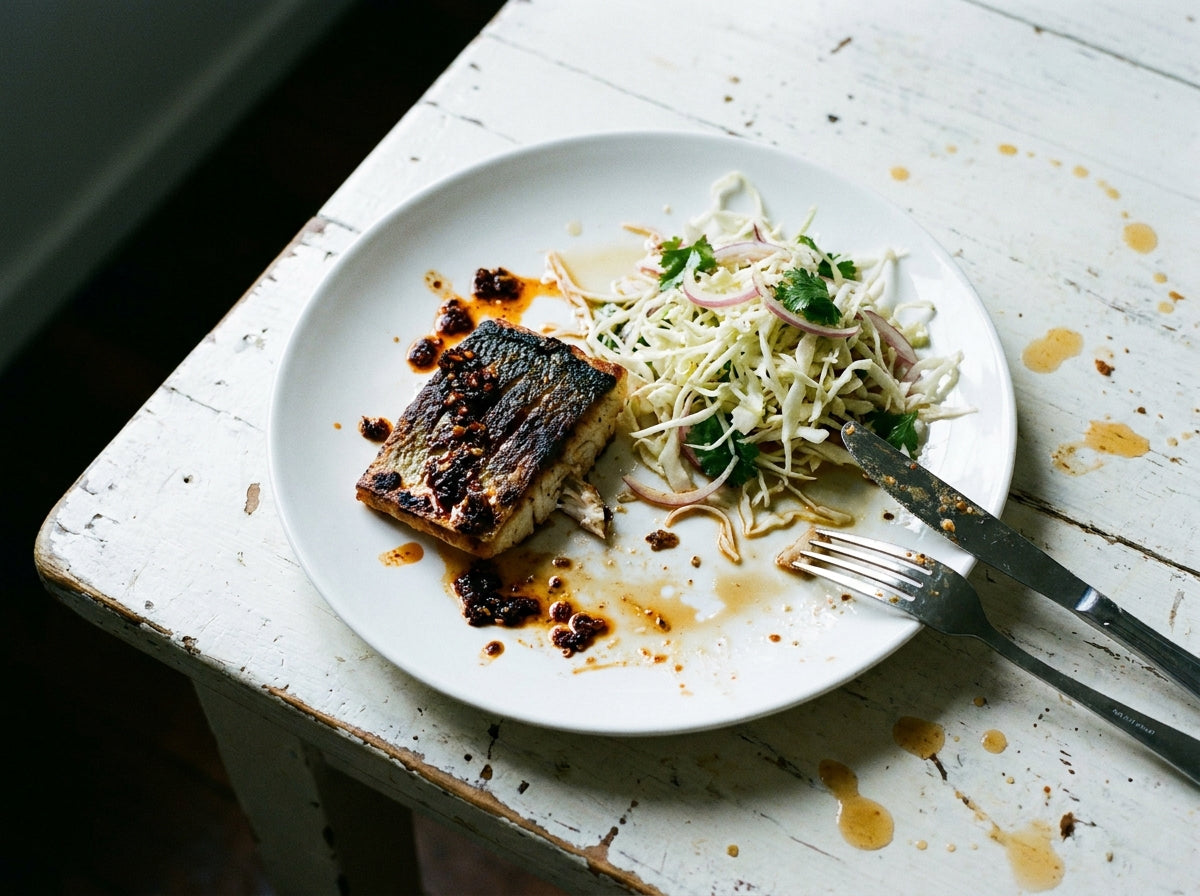Charred Barramundi with Lime Slaw and Mexican Chilli Crunch, made with Plateit Mexican Chilli Crunch