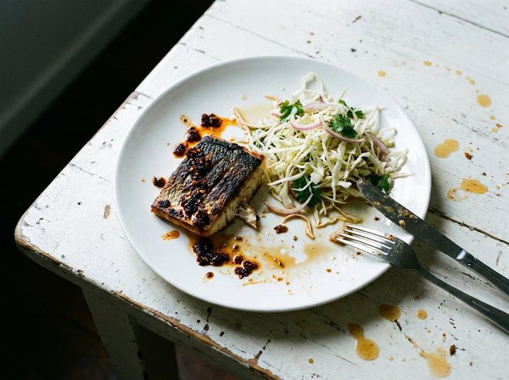 Charred Barramundi with Lime Slaw and Mexican Chilli Crunch, made with Plateit Mexican Chilli Crunch