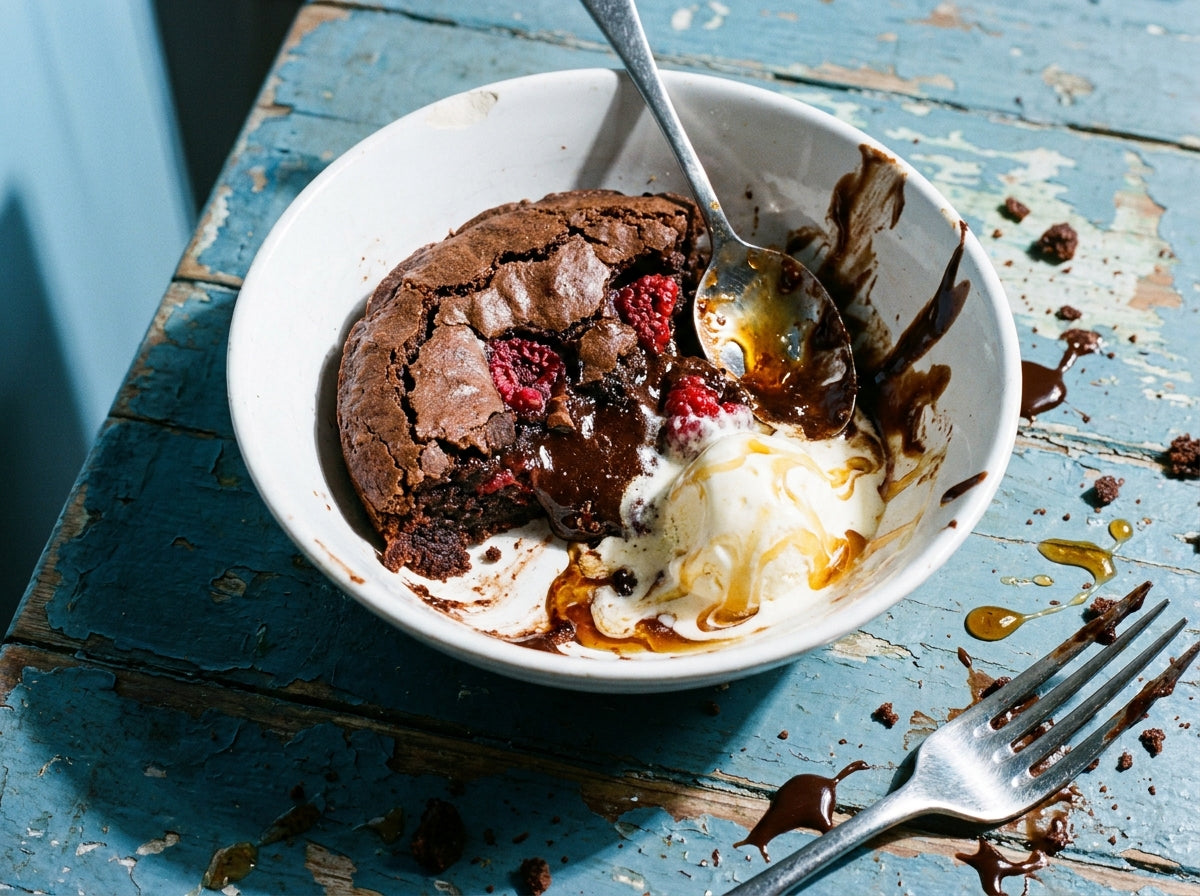Warm Brownie, Raspberries, Hot Honey, made with Plateit Hot Honey Drizzle
