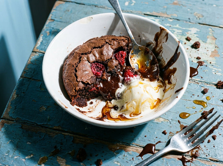 Warm Brownie, Raspberries, Hot Honey, made with Plateit Hot Honey Drizzle