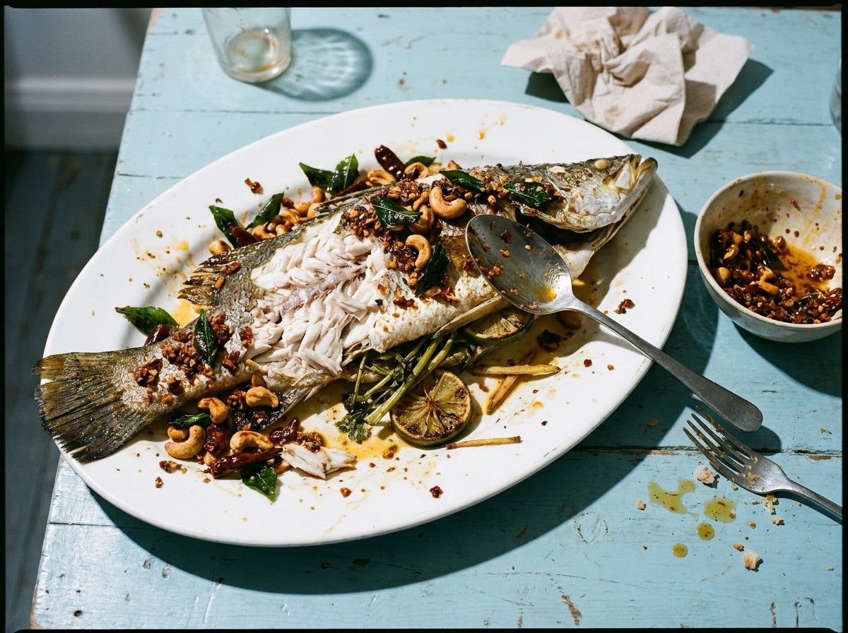 Whole Barramundi in the Kettle, made with Plateit Bombay Chilli Crunch