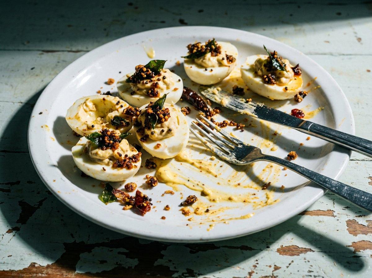 Devilled Eggs, Bombay Crunch, made with Plateit Bombay Chilli Crunch