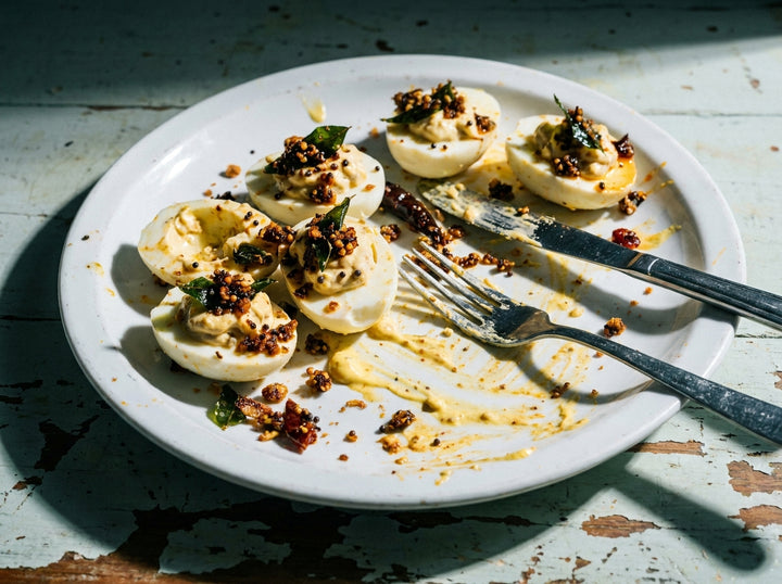 Devilled Eggs, Bombay Crunch, made with Plateit Bombay Chilli Crunch