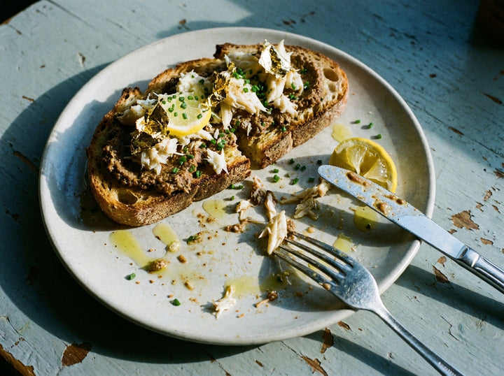 Brown Crab on Toast with Gold Leaf, made with Plateit Gold Leaf Chilli Crunch