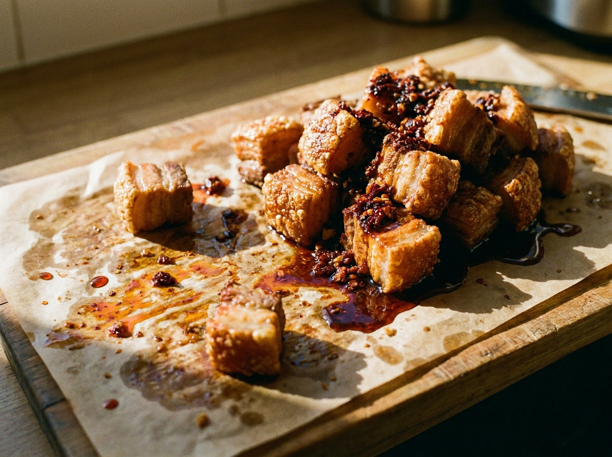 Extra Hot Pork Belly Bites made with Plateit Extra Hot Chilli Crunch