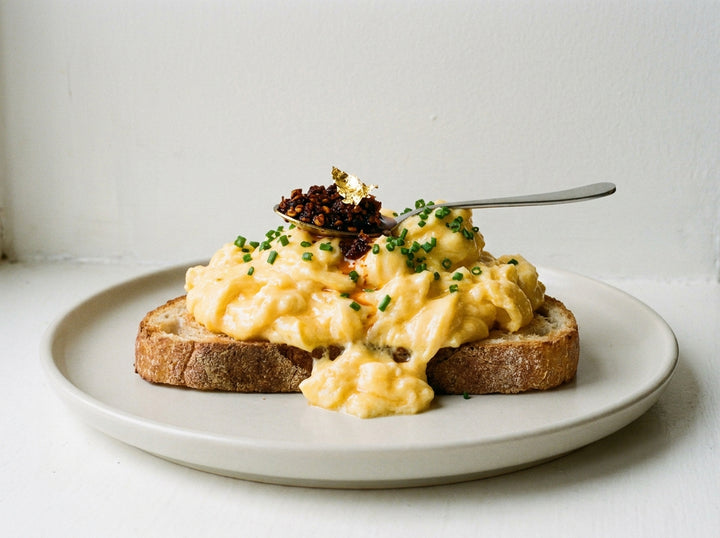 Gold Leaf Scrambled Eggs made with Plateit 24k Gold Leaf Chilli Crunch