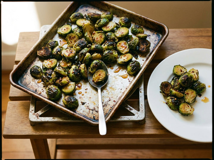 Hot Honey Brussels Sprouts made with Plateit Hot Honey Drizzle