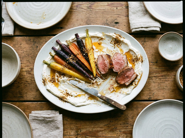 Hot Honey Carrots, Labneh and Lamb Rump made with Plateit Hot Honey Drizzle