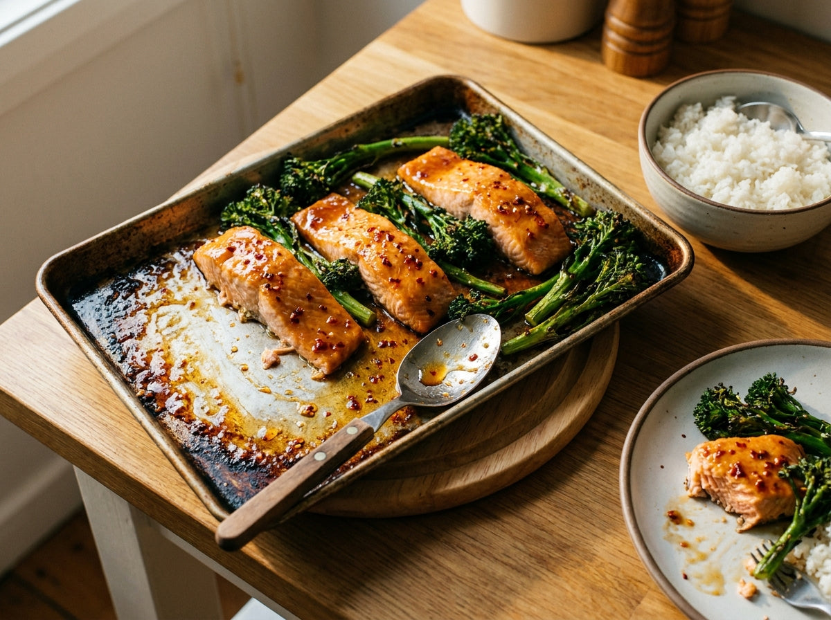 Hot Honey Salmon Tray Bake made with Plateit Hot Honey Drizzle