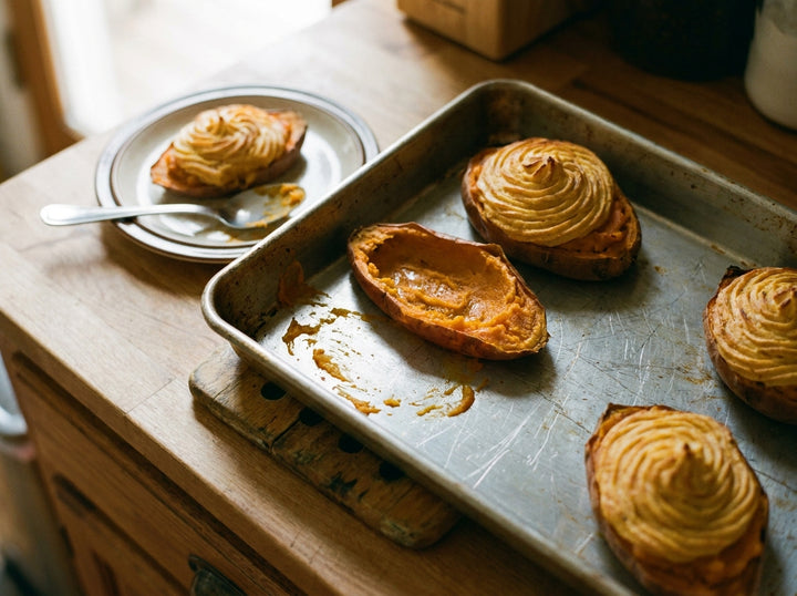 Hot Honey Twice-Baked Sweet Potatoes made with Plateit Hot Honey Drizzle