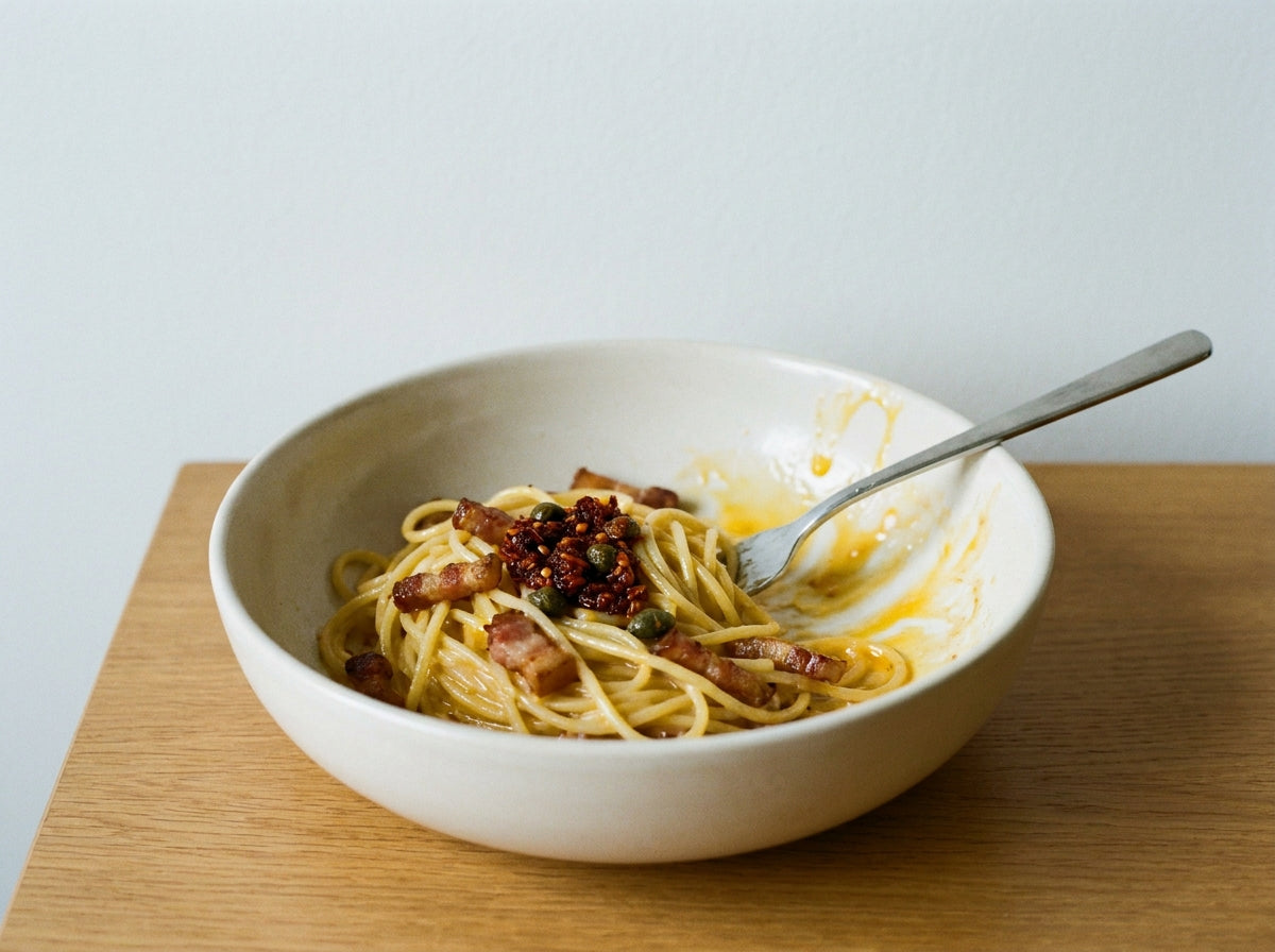 Italian Chilli Crunch Carbonara made with Plateit Italian Chilli Crunch