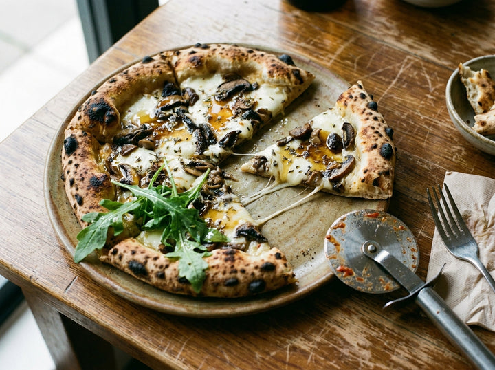Mushroom Pizza with Truffle'd Hot Honey made with Plateit Truffle'd Hot Honey Drizzle