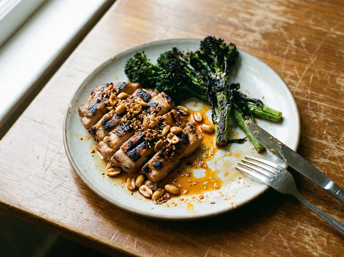Peanut Rayu Chicken and Charred Broccoli made with Plateit Japanese Peanut Rayu
