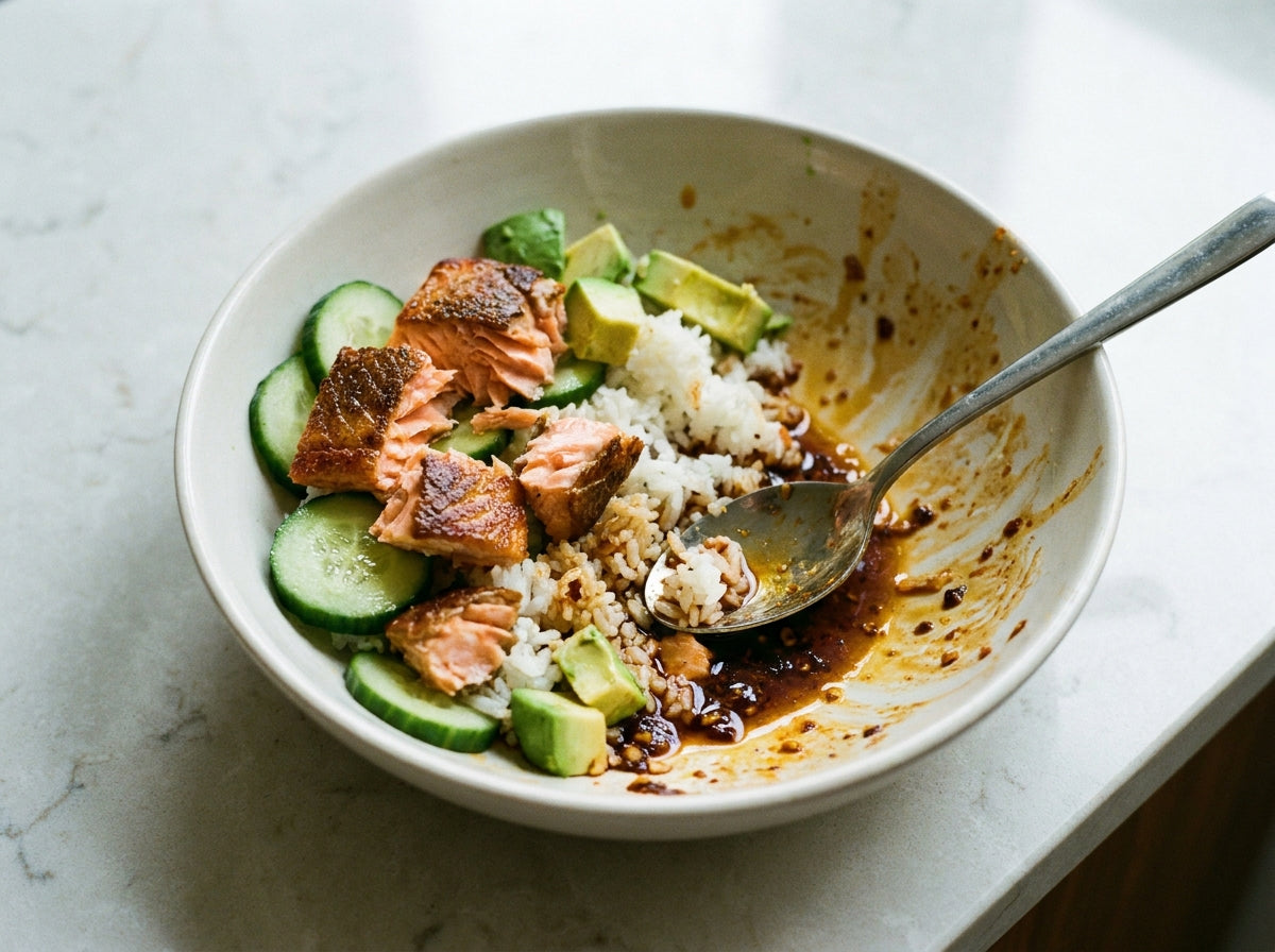 Peanut Rayu Salmon Rice Bowl made with Plateit Japanese Peanut Rayu