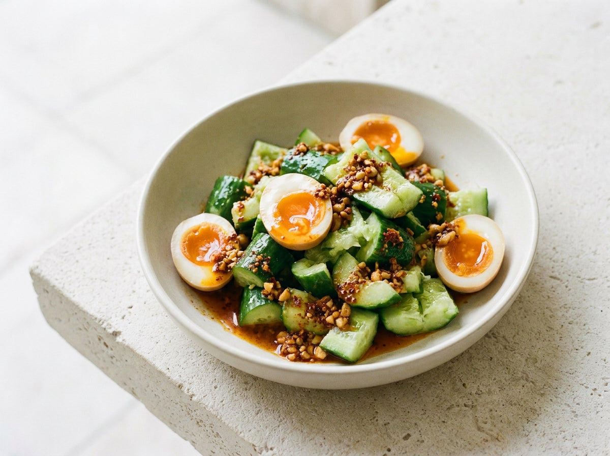 Rayu Egg and Smashed Cucumber Salad made with Plateit Japanese Peanut Rayu