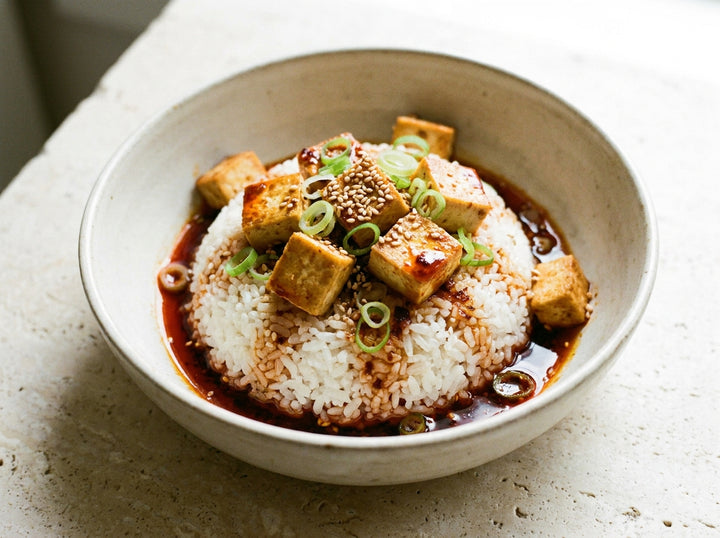 Rayu Tofu Rice Bowl made with Plateit Japanese Rayu