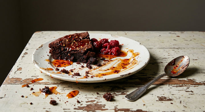 Warm Brownie, Raspberries, Hot Honey