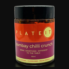 Plateit Bombay Chilli Crunch jar on a black background