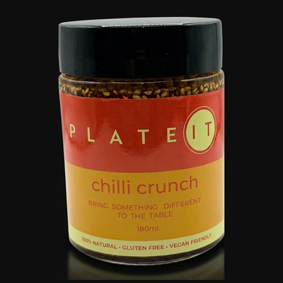 Plateit Chilli Crunch jar on a black background
