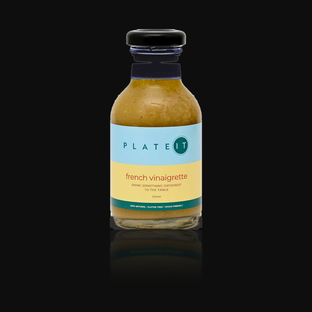 Plateit French Vinaigrette 250ml bottle on a black background