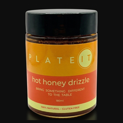 Plateit Hot Honey Drizzle jar on a black background
