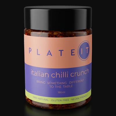 Plateit Italian Chilli Crunch jar on a black background