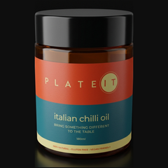 Plateit Italian Chilli Oil bottle on a black background
