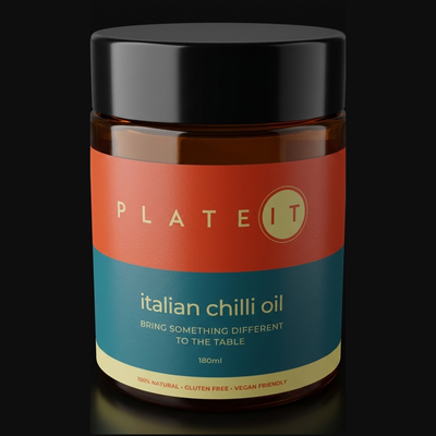 Plateit Italian Chilli Oil bottle on a black background