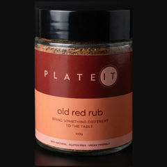 Plateit Old Red Rub jar on a black background