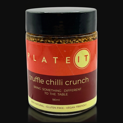 Plateit Truffle Chilli Crunch jar on a black background