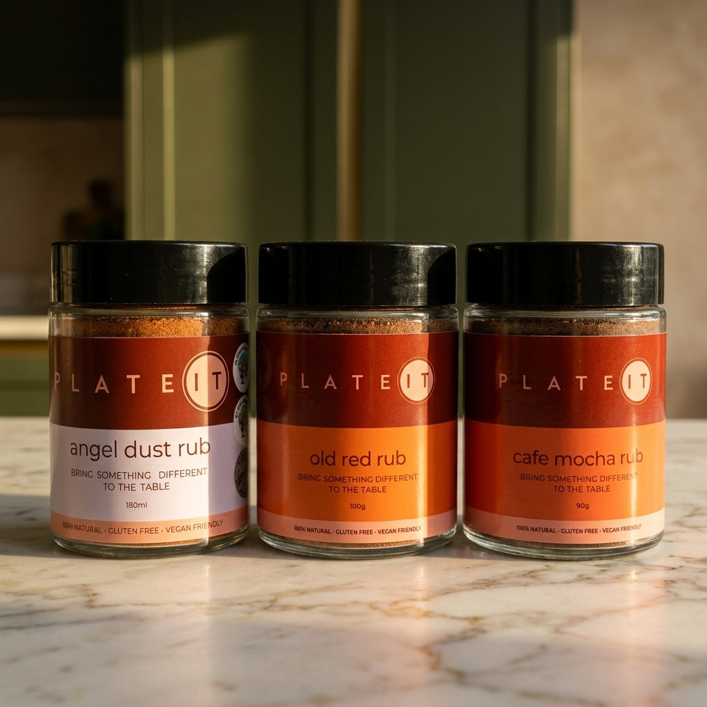The Rubs Three-Pack: Angel Dust, Old Red and Cafe Mocha Rub on a marble worktop