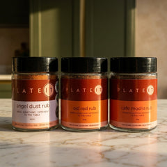 The Rubs Three-Pack: Angel Dust, Old Red and Cafe Mocha Rub on a marble worktop